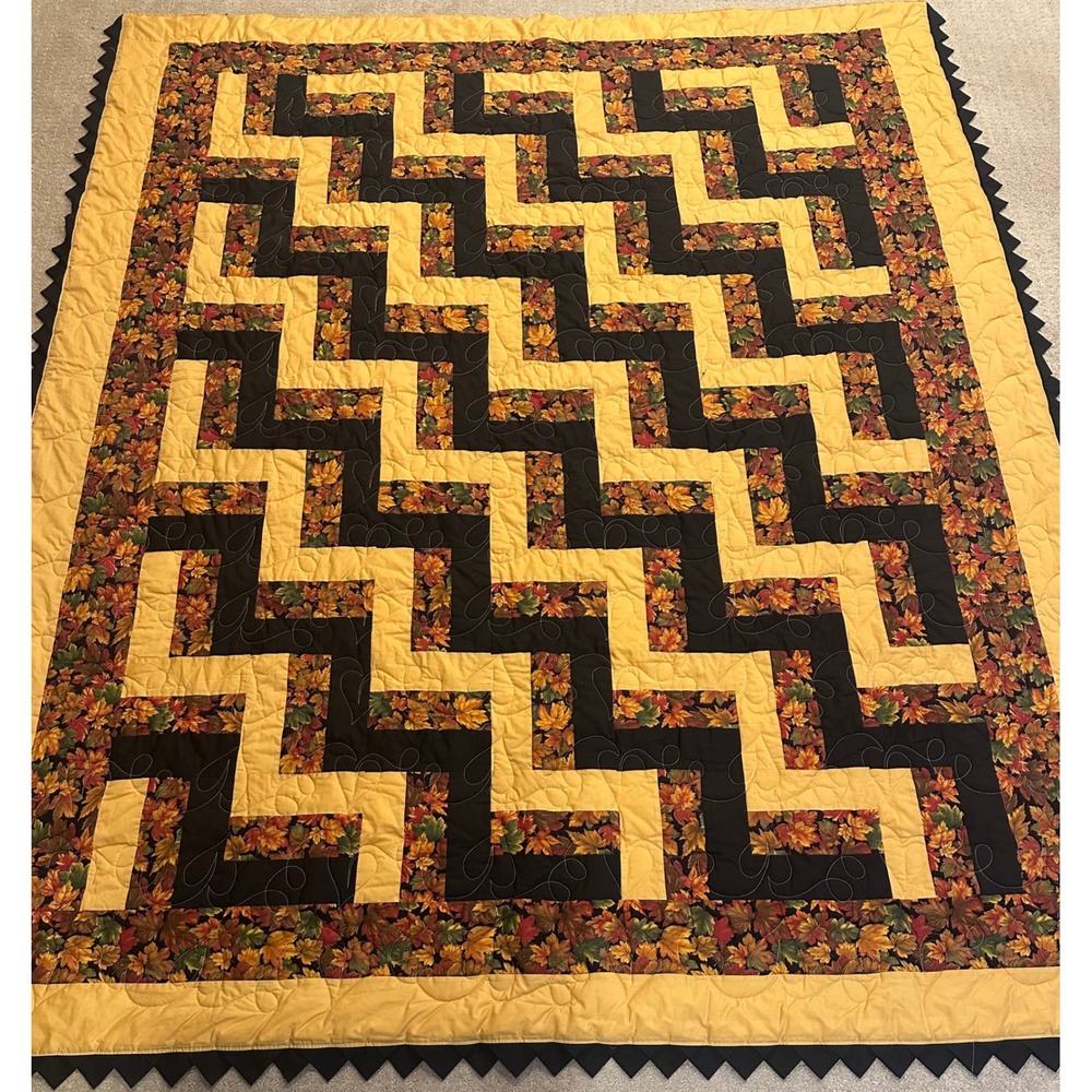 Handmade Autumn Leaf Patchwork Quilt Zig Zag Geometric Gold Black